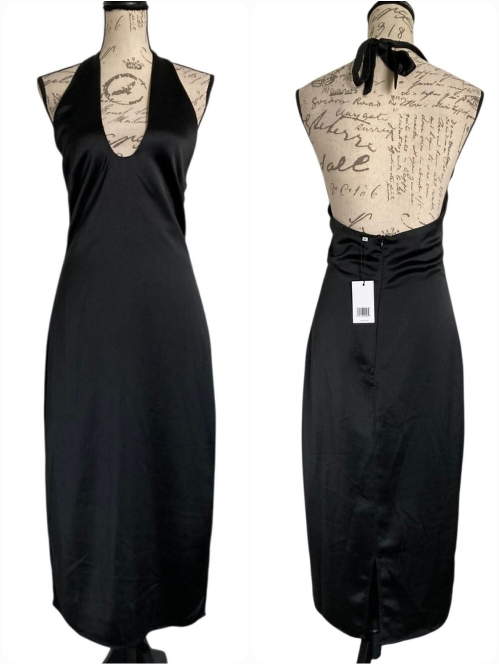 Jason Wu Black Satin Halter Open Back Midi Dress S Black Plunge Cocktail NWT